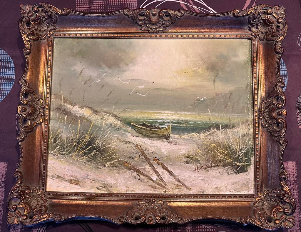 Schilderij Vlaams kustlandschap, olie op doek, met sierkader, Enlèvement