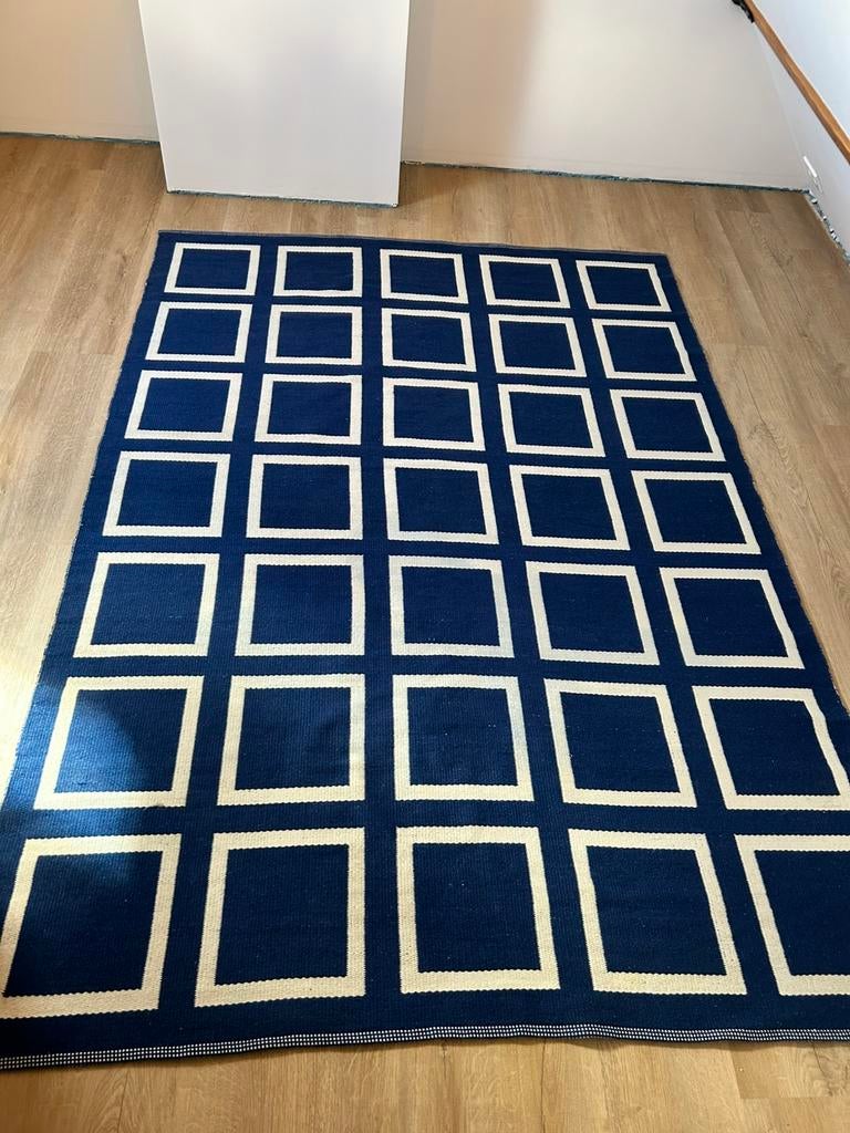 Geometrisch wollen tapijt jaren 70 Zweden, Maison & Meubles, Ameublement | Tapis & Moquettes, Utilisé, Rectangulaire, Blanc, Bleu