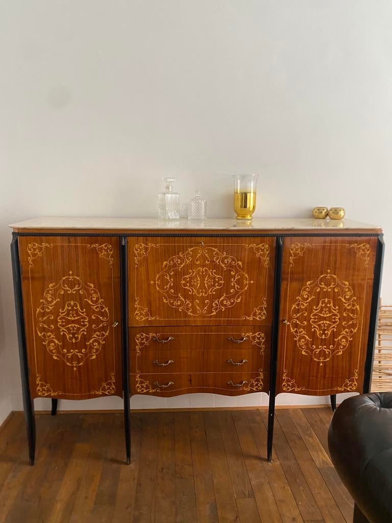 Buffet bar vintage (style Louis XV) - plateau en marbre, Enlèvement, Utilisé, 50 à 100 cm, Avec tiroir(s)