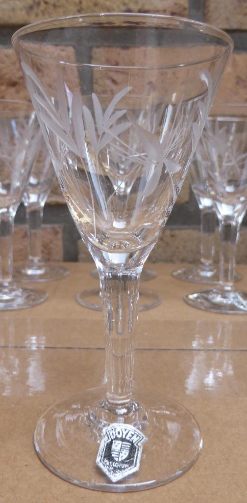 15 kristallen glazen - bladmotief - Doyen - België - 10x5 cm, Ophalen, Zo goed als nieuw, Borrel- of Shotglas