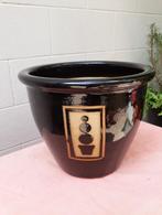 Mooie vintage keramieken vintage bloempot zwart met motief, Ophalen