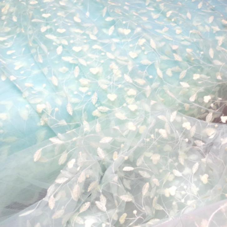 Promo! 5983) 270x100cm harde tule kant broderie riet blauw, Hobby en Vrije tijd, Stoffen en Lappen, Nieuw, Polyester, 120 cm of meer