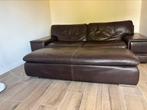 Donkerbruine leren bank en dubbele voetenbank, Ophalen, Gebruikt, 100 tot 125 cm, Leer