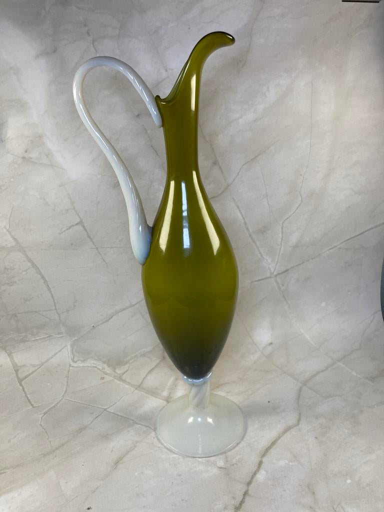 Carafe en verre vert avocat d'Empoli avec anse blanche, Enlèvement ou Envoi