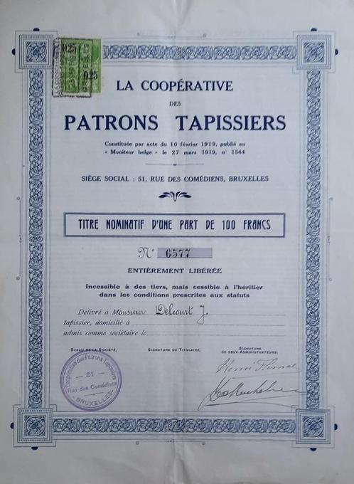 La coopérative des patrons Tapissiers - 1919, Postzegels en Munten, Aandelen en Waardepapieren, Aandeel, Voor 1920, Verzenden