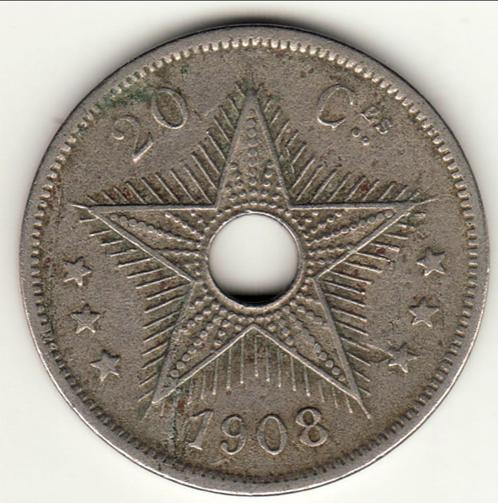 Congo Vrijstaat 20 ct 1908, Timbres & Monnaies, Monnaies | Belgique, Monnaie en vrac, Métal, Enlèvement ou Envoi