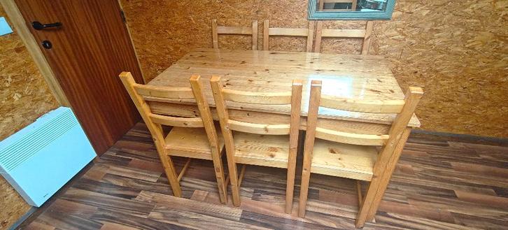 Massief grenen eettafel met 6 stoelen, Huis en Inrichting, Tafels | Eettafels, Gebruikt, 50 tot 100 cm, 100 tot 150 cm, Vijf personen of meer