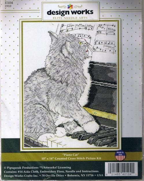 Borduurpakket Piano Cat van Design Works, Hobby en Vrije tijd, Borduren en Borduurmachines, Nieuw, Borduurpakket, Ophalen of Verzenden