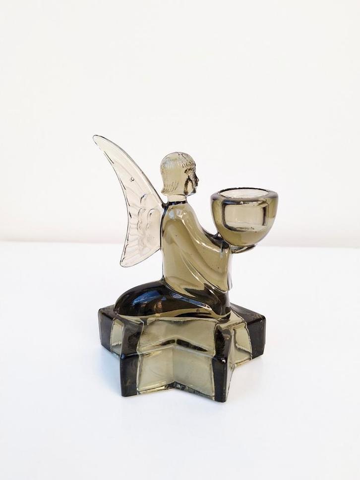 Oude glazen kandelaar engel op ster verre fumé, Antiek en Kunst, Antiek | Kandelaars, Ophalen of Verzenden