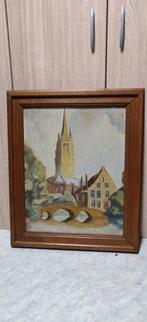 Leuk schilderij met dorp en kerktoren, Antiek en Kunst, Ophalen of Verzenden