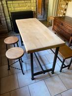 Table avec banc et tabourets en chêne et fer forgé, Comme neuf, Chêne