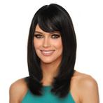 Vlotte pruik zwart schouderlang steil haar met pony model Ki, Envoi, Neuf