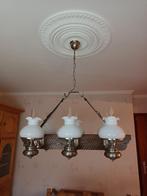 Lustre poutre en chêne, support étain, 6 globes en opaline s, Zo goed als nieuw, Ophalen