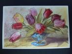 oude prentkaart tulpen Gelukkig Nieuwjaar tulpen sixties, Verzamelen, Ophalen of Verzenden, 1960 tot 1980, Gelopen, Feest(dag)