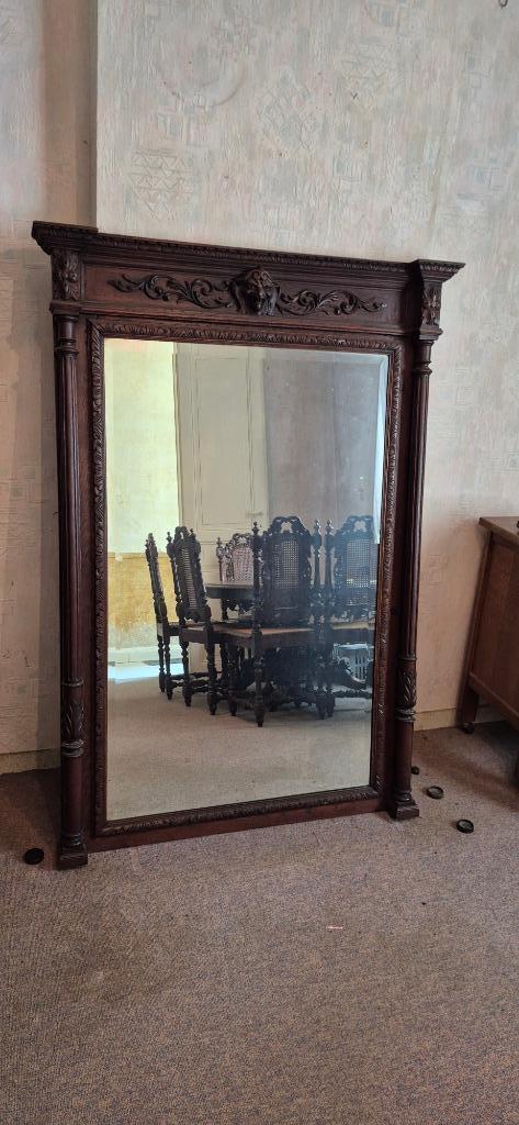 Grand miroir malinois en chêne, Antiek en Kunst, Antiek | Spiegels, 100 tot 150 cm, 150 tot 200 cm, Rechthoekig, Ophalen