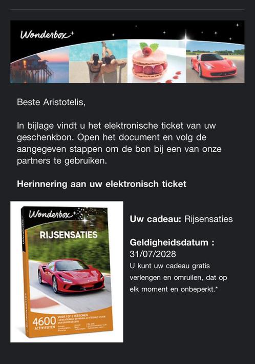 Wonderbox Cadeaubon – Rijsensaties (t.e.m. 31/07/2028), Tickets en Kaartjes, Kortingen en Cadeaubonnen, Cadeaubon