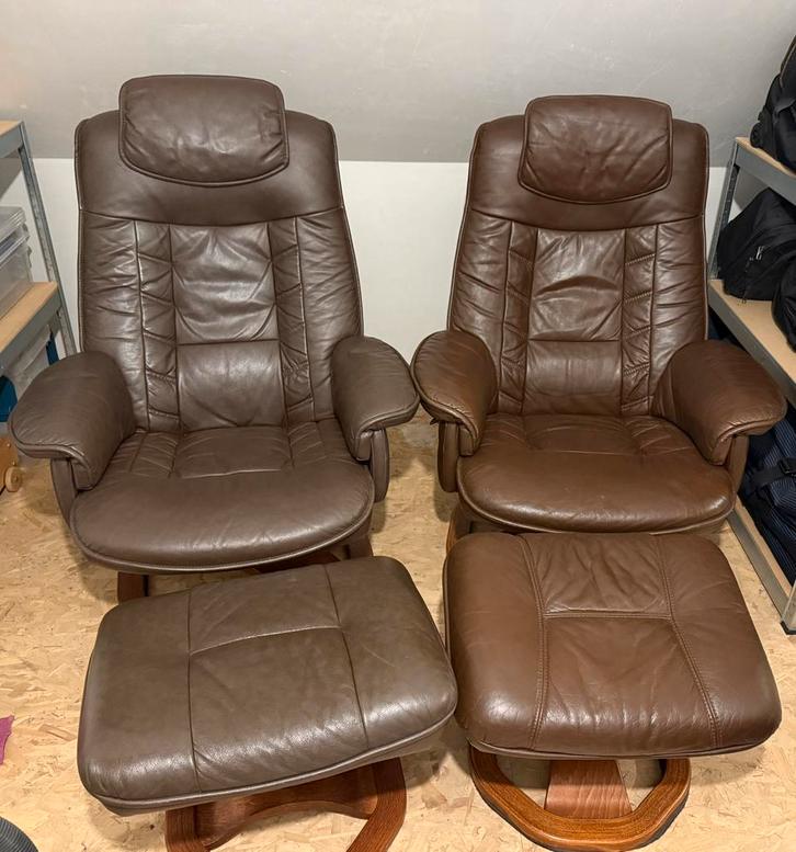 Verstelbare relax zetels met voetbank, Huis en Inrichting, Fauteuils, Gebruikt, Leer, 75 tot 100 cm, 75 tot 100 cm, Ophalen
