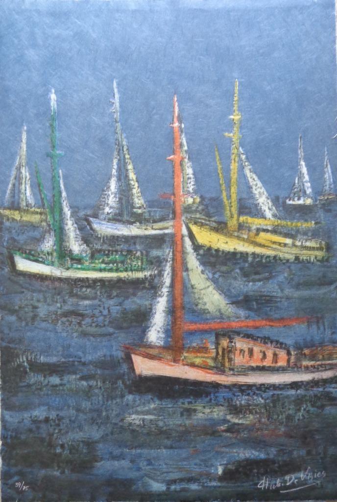 HUBERT DE VRIES / BOOTJES / KLEURLITHO / 56x38cm / SIG, Antiek en Kunst, Kunst | Litho's en Zeefdrukken, Ophalen of Verzenden