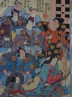 Japanse houtsnede Kuniyoshi Utagawa 6 krijgers en 2 vrouwen, Ophalen of Verzenden