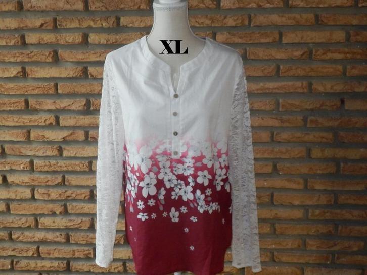 (13)- blouse femme t.L blanc rouge - ranlege -, Kleding | Dames, Blouses en Tunieken, Zo goed als nieuw, Maat 42/44 (L), Wit, Ophalen of Verzenden