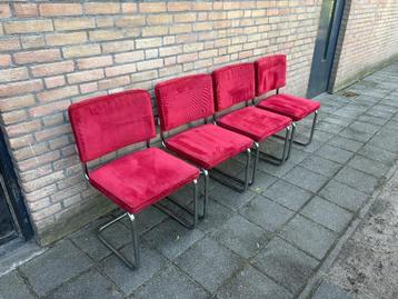 4 Zuiver Ribstof Stoelen met Chrome Buisframe, Huis en Inrichting, Stoelen, Ophalen, Gebruikt, Metaal, Vier