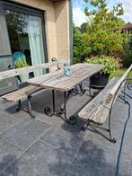 Houten tafel en banken gietijzer, Tuin en Terras, Ophalen, Gebruikt