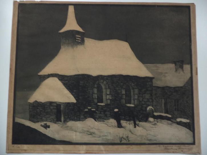 Michel BERNIER 1888-1942 gravure Angre église enneigée hiver, Antiquités & Art, Art | Eaux-fortes & Gravures, Enlèvement ou Envoi