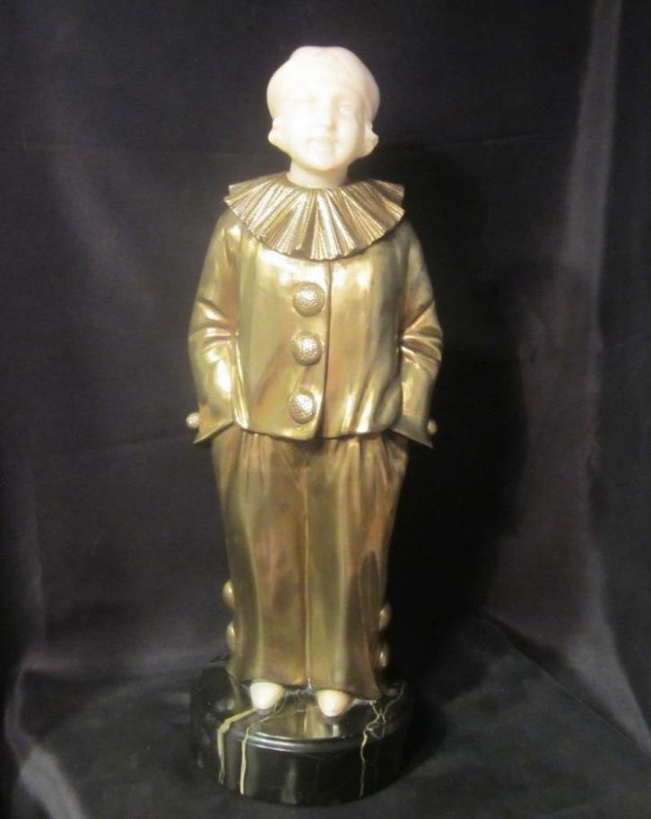 Art deco Pierrot Pierrette Trefoloni, brons & albast, Antiek en Kunst, Kunst | Beelden en Houtsnijwerken, Ophalen of Verzenden