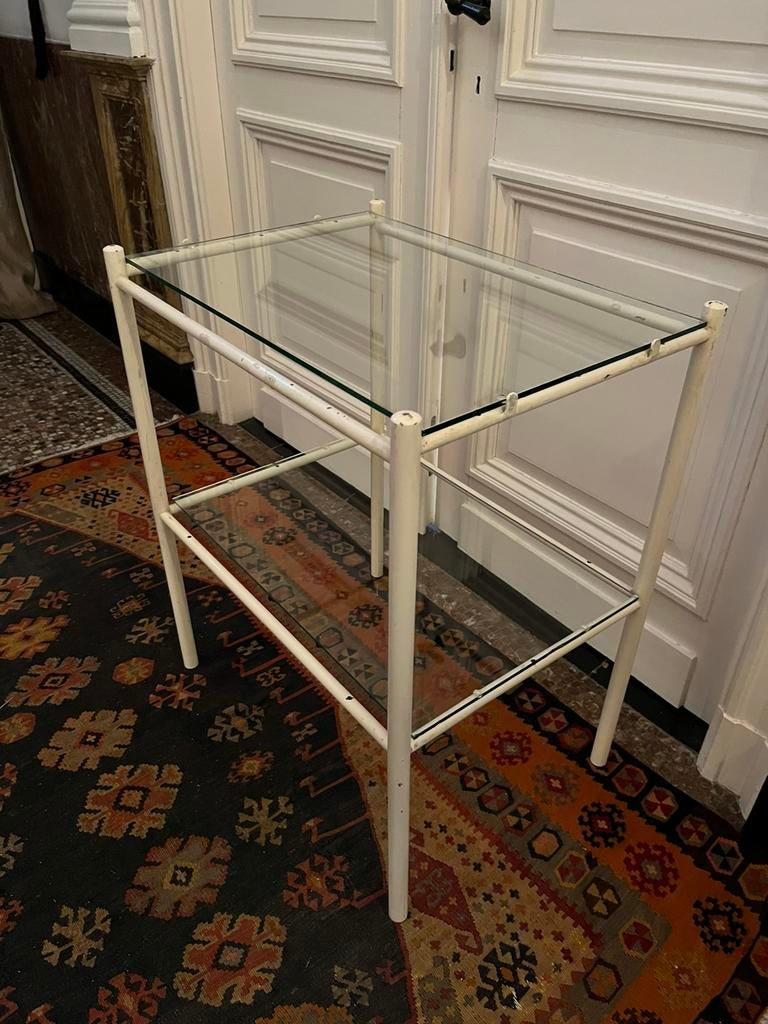 ORIGINEEL VINTAGE IJZEREN TAFEL GLAS PLANKEN BIJZET, Antiek en Kunst, Antiek | Meubels | Tafels, Ophalen