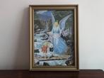 Oude lijst kader prent bescherm engel achter glas, Antiek en Kunst, Ophalen of Verzenden