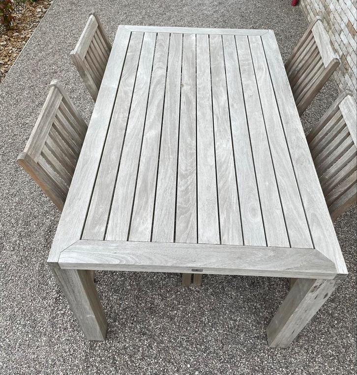 GLOSTER tuinset Teak tafel en 4 stoelen, Tuin en Terras, Tuinsets en Loungesets, Gebruikt, Tuinset, Teakhout, 4 zitplaatsen, Ophalen