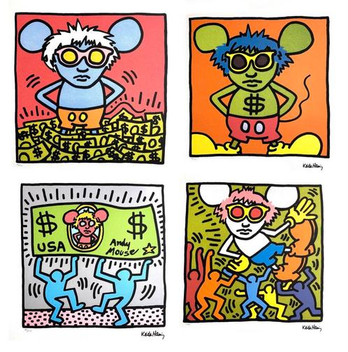 Unieke set (4 Litho+certificaten) Keith Haring “Andy Mouse”, Antiek en Kunst, Kunst | Litho's en Zeefdrukken, Ophalen of Verzenden