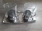 2 inox theeglazen met dienblad in inox, Ophalen of Verzenden, Zo goed als nieuw, Glas