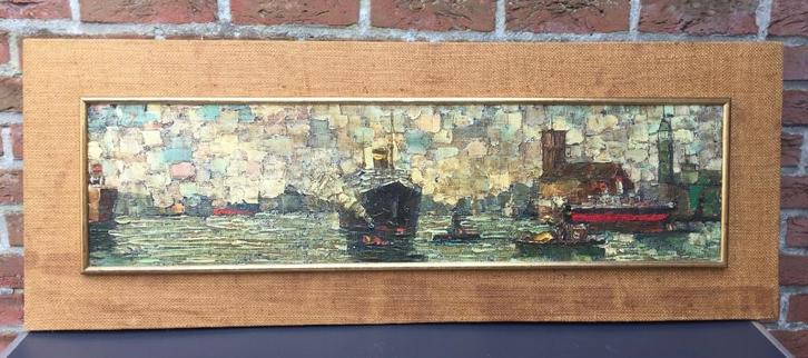 Schilderij, marine, havenzicht, Antiek en Kunst, Kunst | Schilderijen | Klassiek, Ophalen of Verzenden