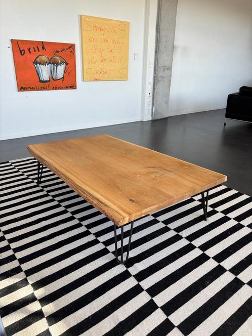 XL Eiken salontafel met zwart metalen onderstel, Huis en Inrichting, Tafels | Salontafels, Zo goed als nieuw, Minder dan 50 cm