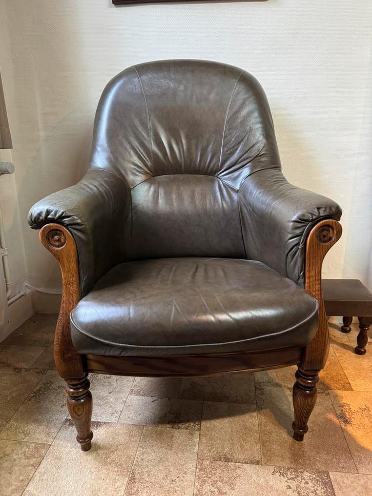 Vintage zetel 1zit+2zit, Huis en Inrichting, Fauteuils, Gebruikt, Hout, Leer, 75 tot 100 cm, 75 tot 100 cm, Ophalen