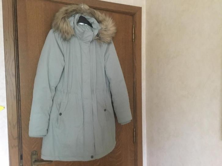 Lichtgroen- grijze dames winterjas met vaste kap maat M, Kleding | Dames, Jassen | Winter, Zo goed als nieuw, Maat 38/40 (M), Ophalen of Verzenden