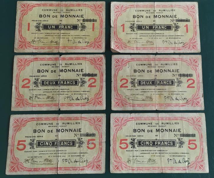 Rumillies Noodgeld - 1+2+5 Fr. 1914 & 1+2+5 Fr. 1915, Postzegels en Munten, Bankbiljetten | België, Setje, Verzenden