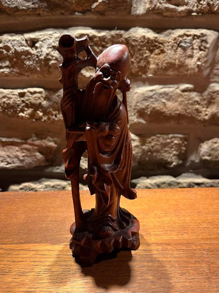 Houten beeldje Shou Xing – Chinese god van langlevendheid, Antiek en Kunst, Kunst | Beelden en Houtsnijwerken, Ophalen of Verzenden
