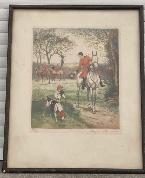 Gravure chasse à courre signe pierre pinsard, Antiek en Kunst, Kunst | Etsen en Gravures, Ophalen of Verzenden