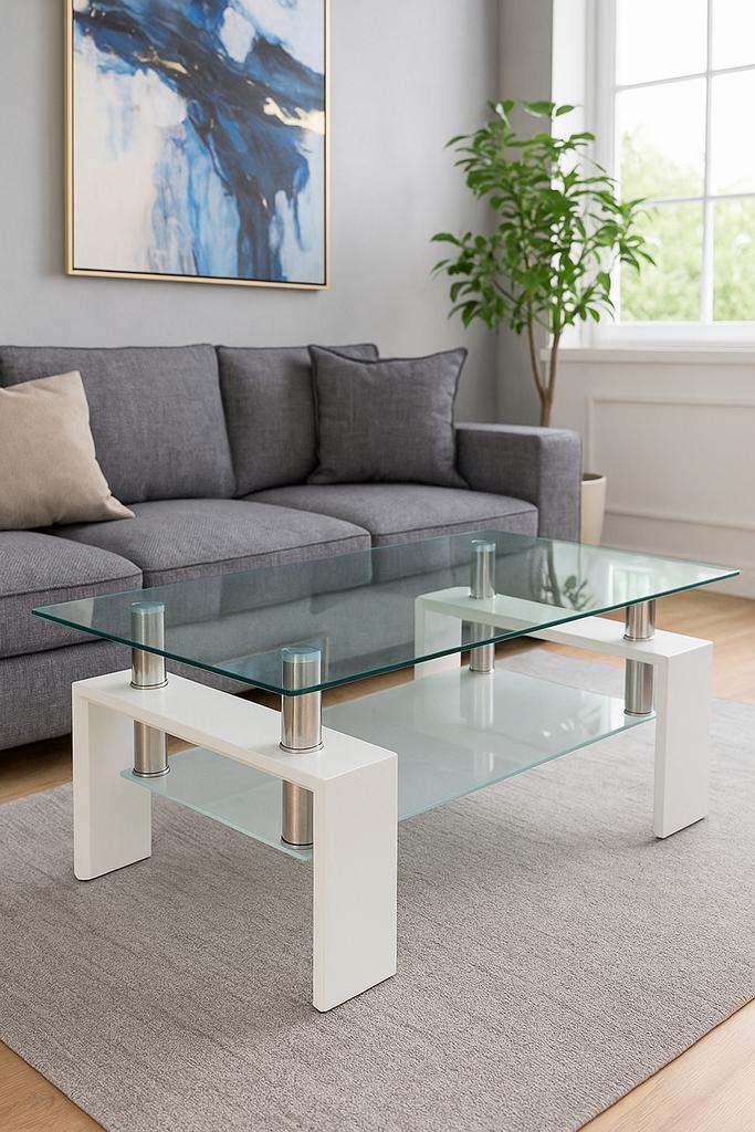 Moderne glazen salontafel – met gebruikssporen, Huis en Inrichting, Tafels | Salontafels, Gebruikt, 50 tot 75 cm, Ophalen