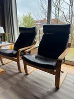 Twee comfortabele lederen armstoelen/fauteuils, Huis en Inrichting, Fauteuils, Gebruikt, Hout, 50 tot 75 cm, Ophalen
