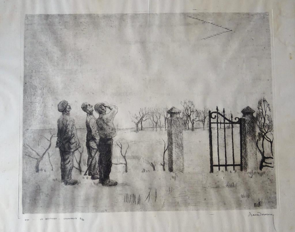 EAU FORTE GRAVURE  JEAN DONNAY "LE DEPART" LHONNEUX 9/50, Antiquités & Art, Art | Eaux-fortes & Gravures, Enlèvement ou Envoi