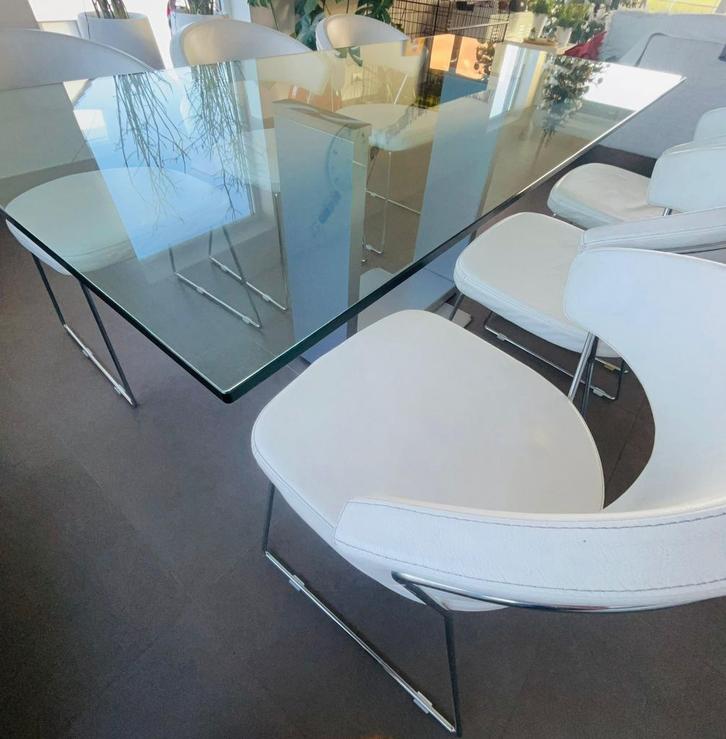 Moderne eettafel + 6 lederen stoelen, Huis en Inrichting, Tafels | Eettafels, Zo goed als nieuw, Ophalen