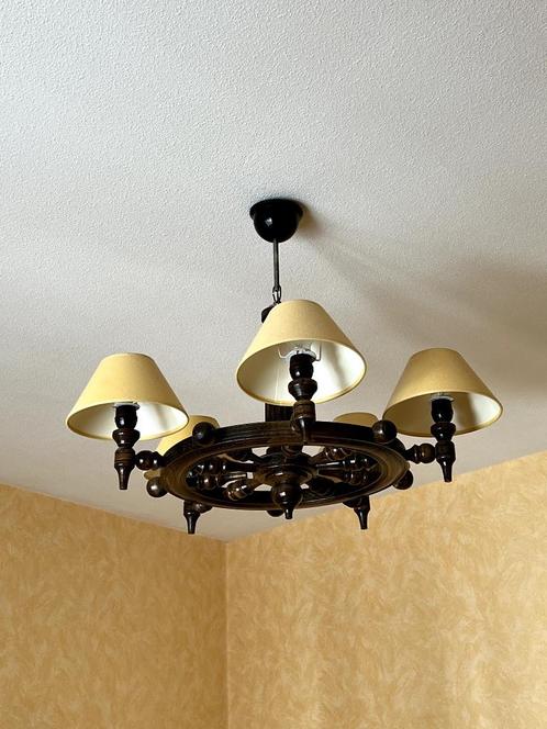 Luster op houten wiel, Huis en Inrichting, Lampen | Hanglampen, Zo goed als nieuw, 50 tot 75 cm, Glas, Hout, Stof, Ophalen