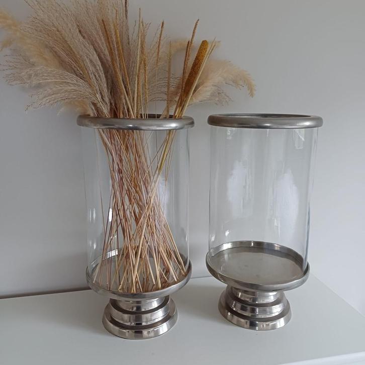 Rivièra Maison glazen windlicht met zilver – hoogte 51 cm, Huis en Inrichting, Woonaccessoires | Kandelaars en Kaarsen, Zo goed als nieuw