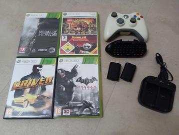 Wireless controller + 2 batterijen, lader, chatpad,  5 games beschikbaar voor biedingen