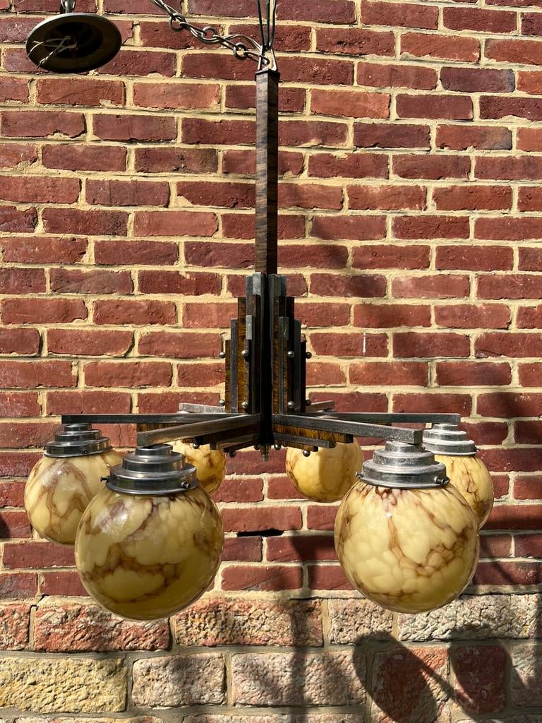 lustre Art déco de type 6 branches opaline marbrée, Antiquités & Art, Enlèvement ou Envoi