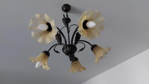 2 Lustres Art Nouveau en Fer Forgé à Cinq Tulipes et Led’s, Maison & Meubles, Lampes | Lustres, Utilisé, Verre, Enlèvement