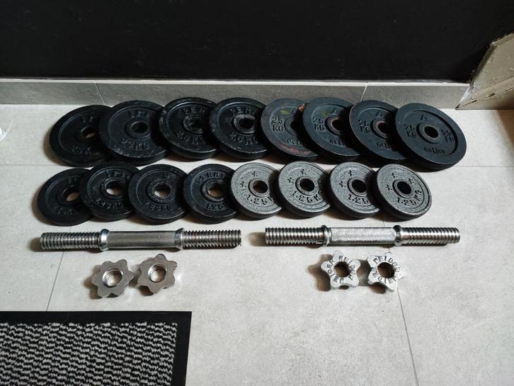 34kg Halterset (30mm), Sport en Fitness, Fitnessmaterialen, Gebruikt, Halterset, Armen, Benen, Borst, Buik, Rug, Ophalen